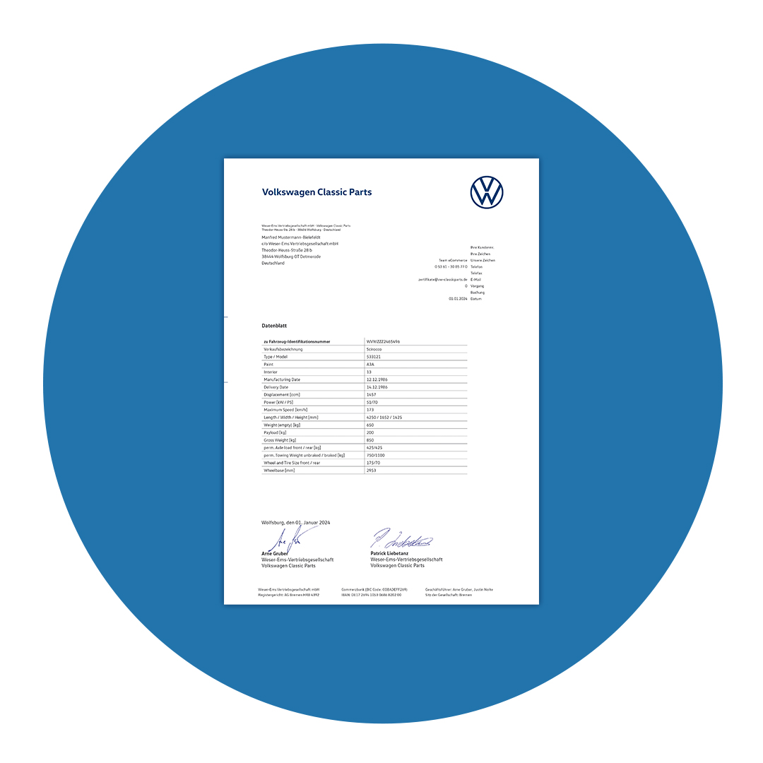 Jetzt das VW Zertifikat und Datenblatt entdecken.