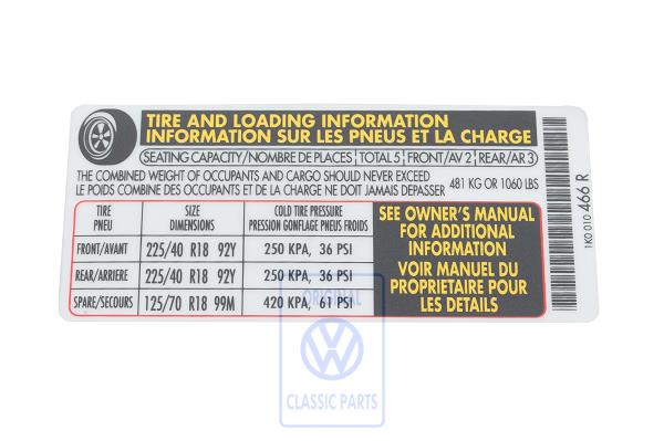 Data plate for VW Golf Mk6