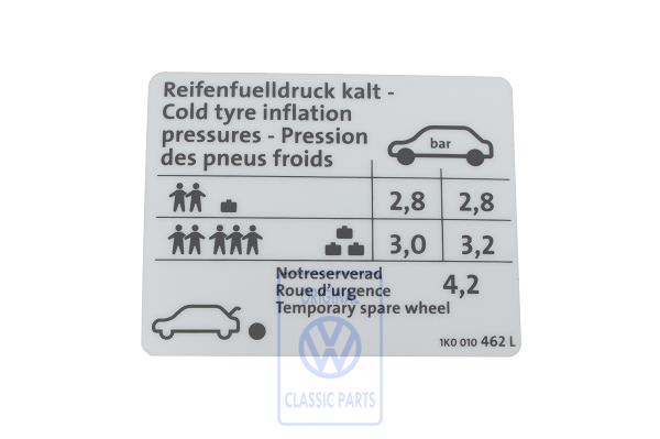 Data plate for VW Golf Mk4