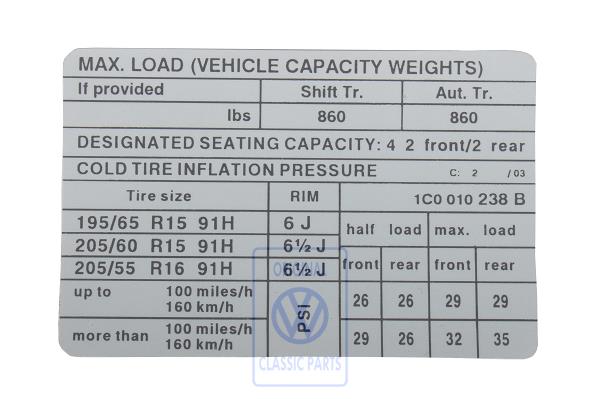 Data sticker for VW New Beetle