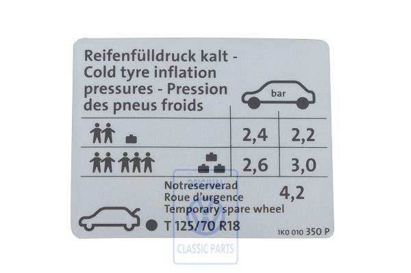 Data plate for VW Golf Mk5