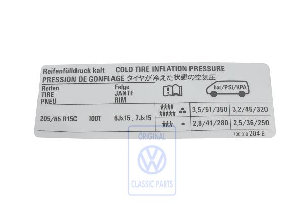 Tyre pressure date plate for VW T4