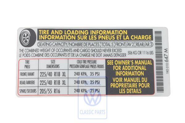 Data plate for VW Golf Mk6