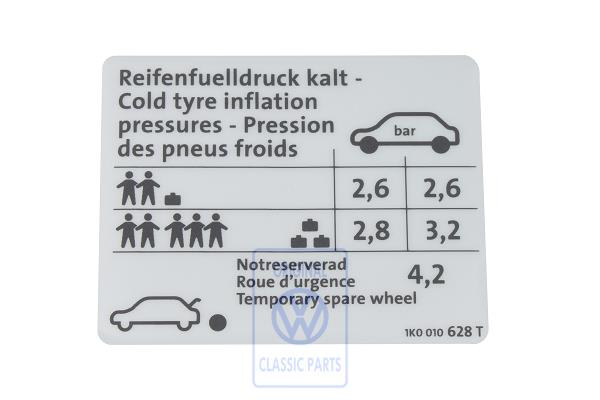 Data plate for VW Golf Mk5