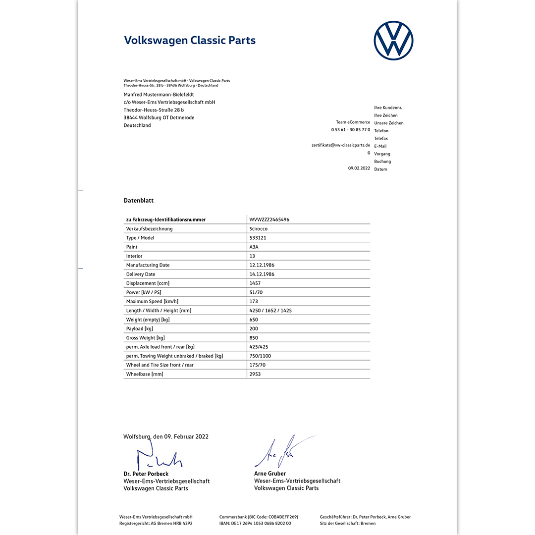 Volkswagen Classic Parts - Das Volkswagen Datenblatt