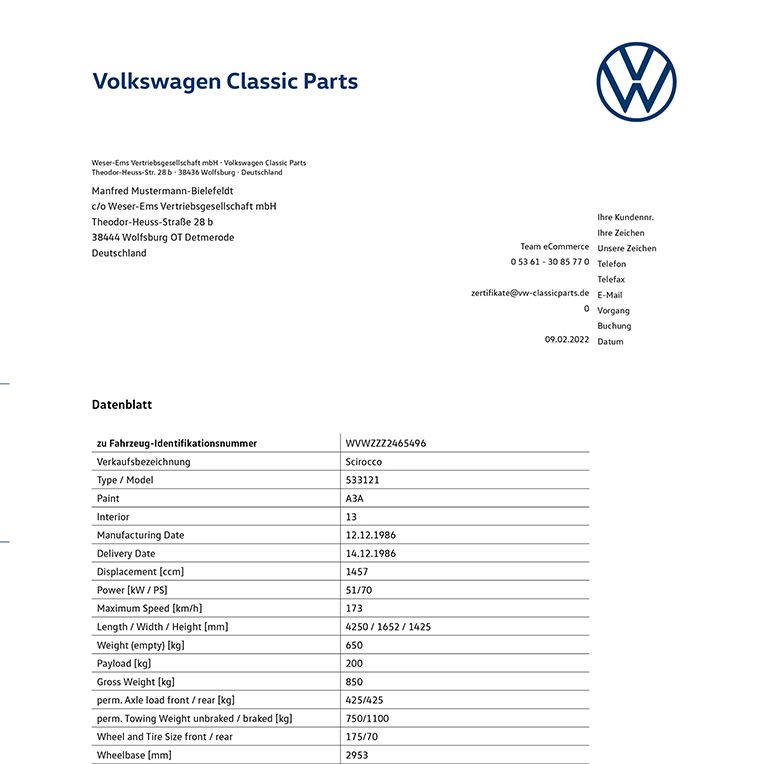 Volkswagen Classic Parts - Das Volkswagen Datenblatt
