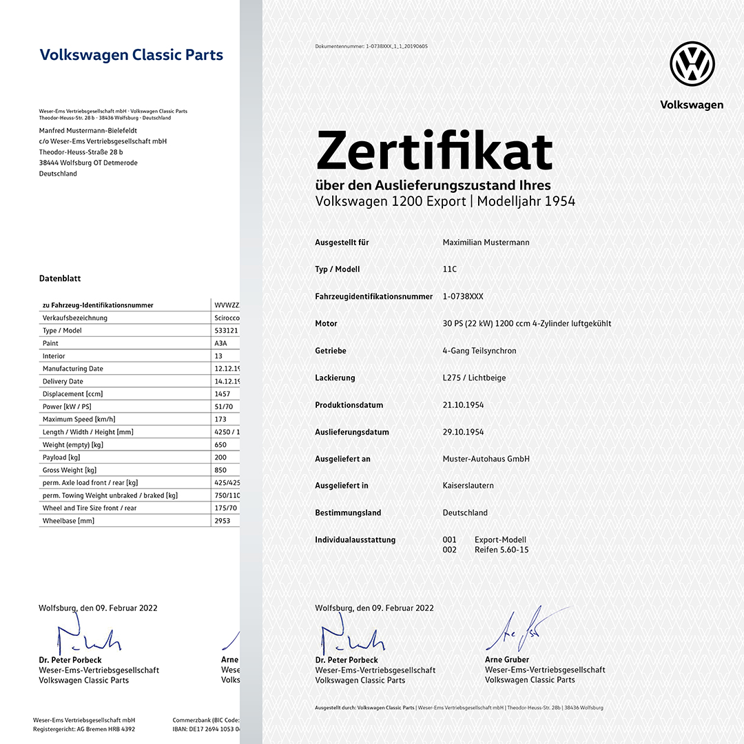 Volkswagen Classic Parts - Das Volkswagen Zertifikat und Datenblatt