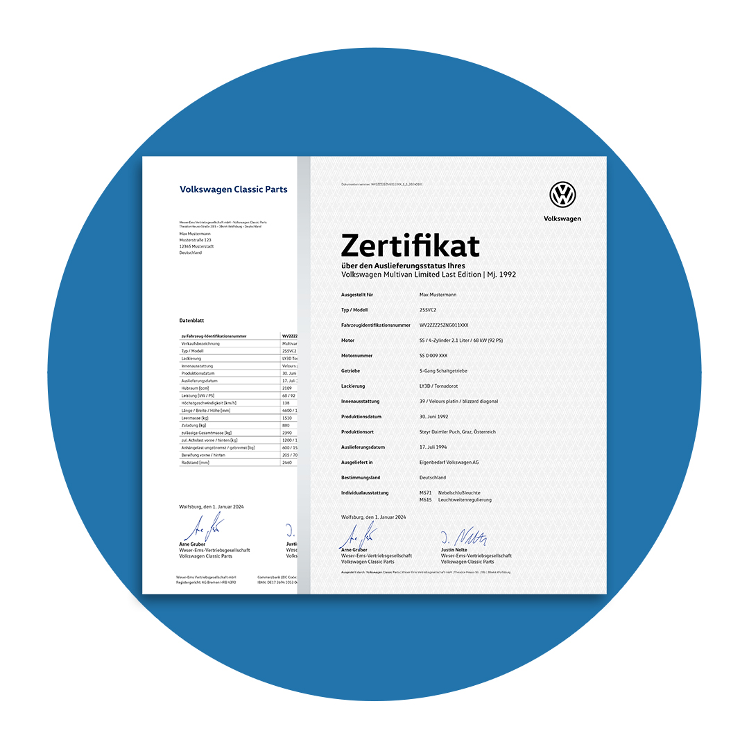 Volkswagen Classic Parts - Das Volkswagen Zertifikat und Datenblatt