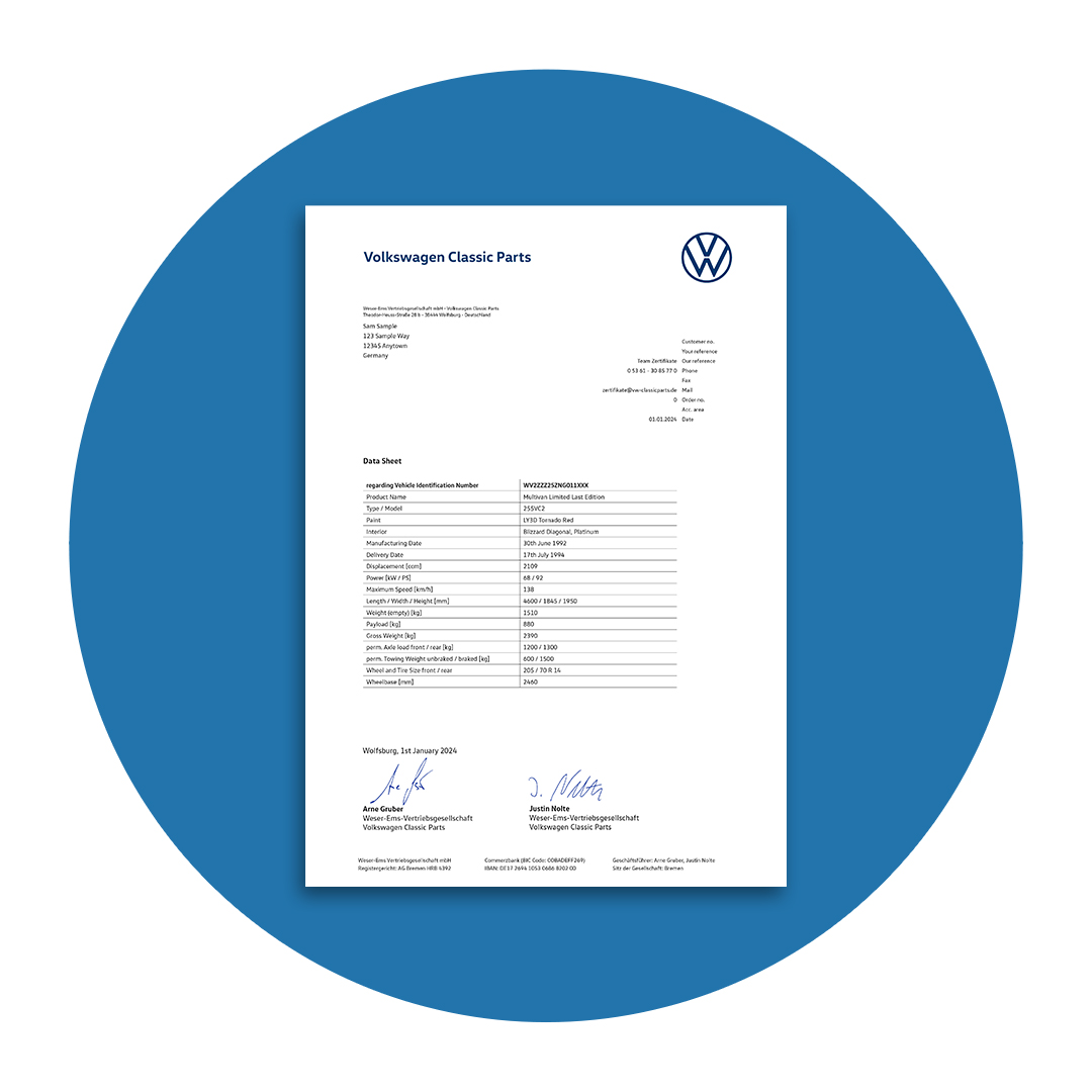 Volkswagen Classic Parts - The VW Certificate and Datasheet
