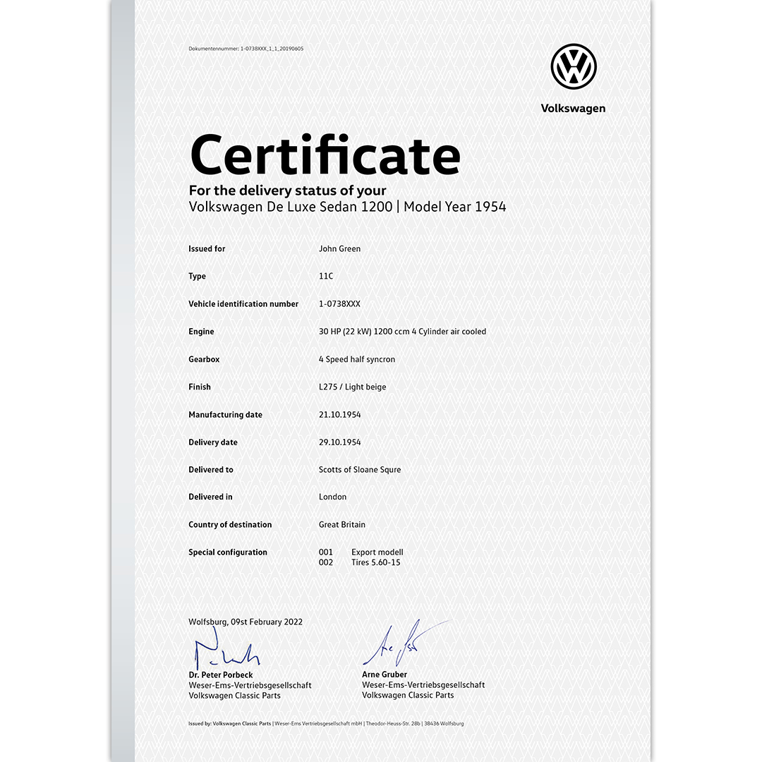 Volkswagen Classic Parts - The Volkswagen Certificate