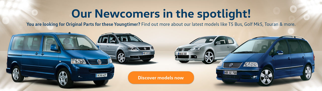 Discover genuine parts for popular Volkswagen youngtimers such as the T5 Bulli, Golf, and Touran. Explore our latest models in the spotlight and find the perfect replacement parts.
