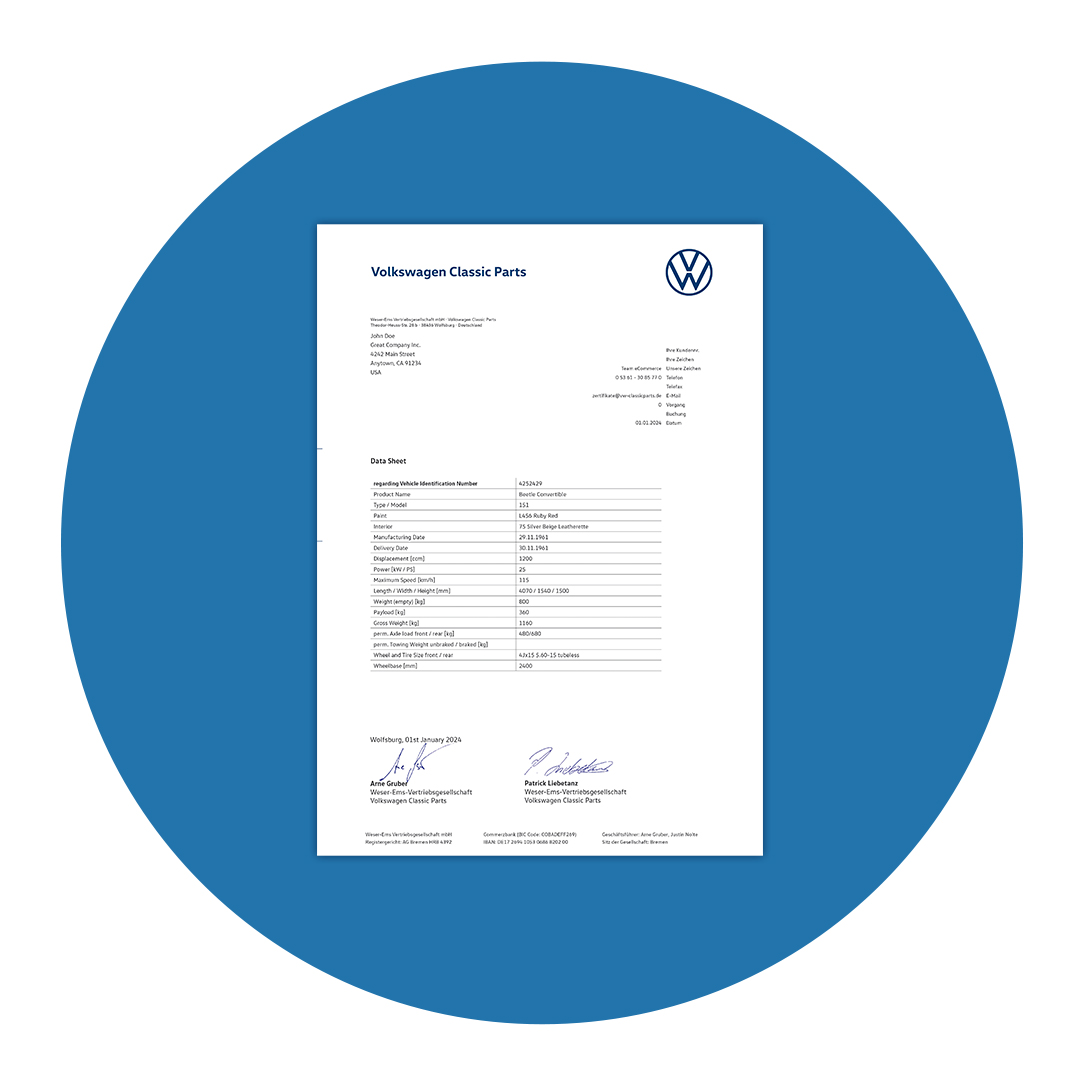 Volkswagen Classic Parts - Certificate & Datasheet